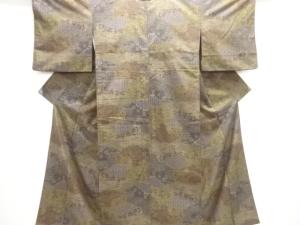 雲に草花摸様手織り紬着物